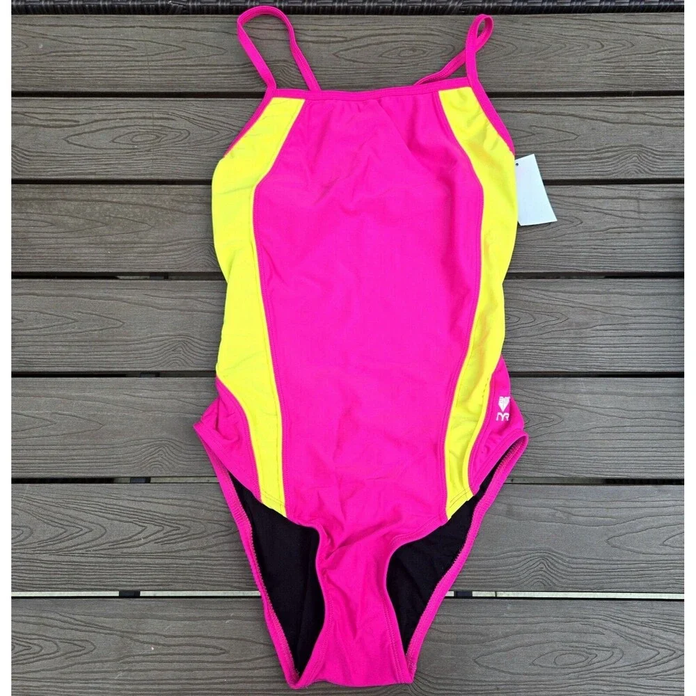 TYR women's Neon PINK/YELLOW  1 Pc Swimsuit, Women's Size 34, Grab Bag Suit NEW